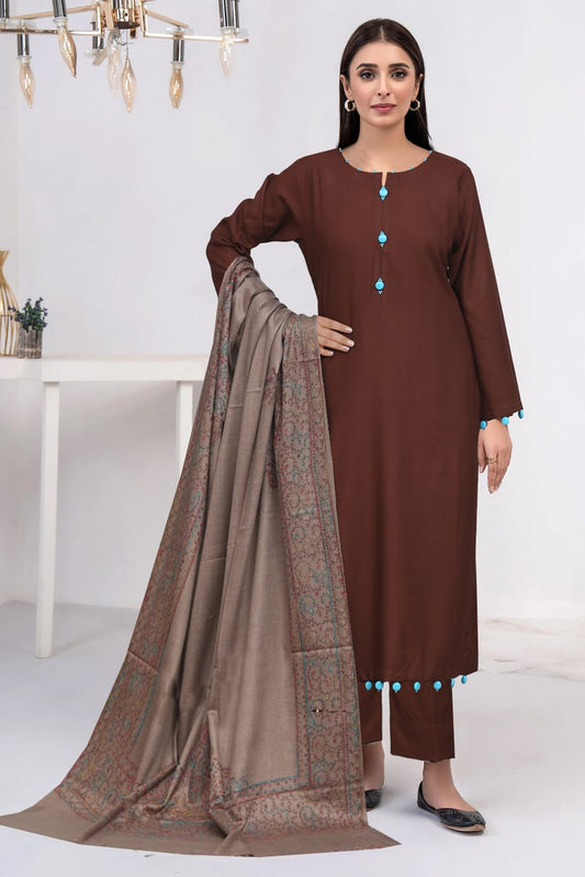 Brown Dhanak Suit with Embroidered Kashmiri Shawl