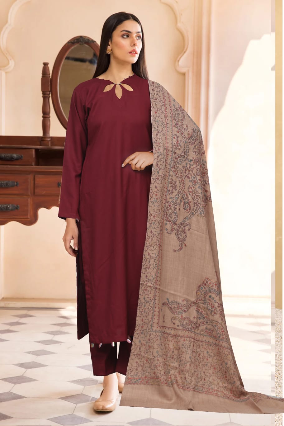 Maroon Dhanak Suit with Embroidered Kashmiri Shawl