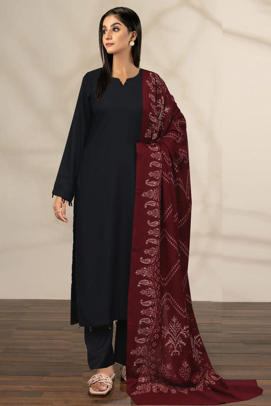 Black Dhanak Suit with Embroidered Kashmiri Shawl