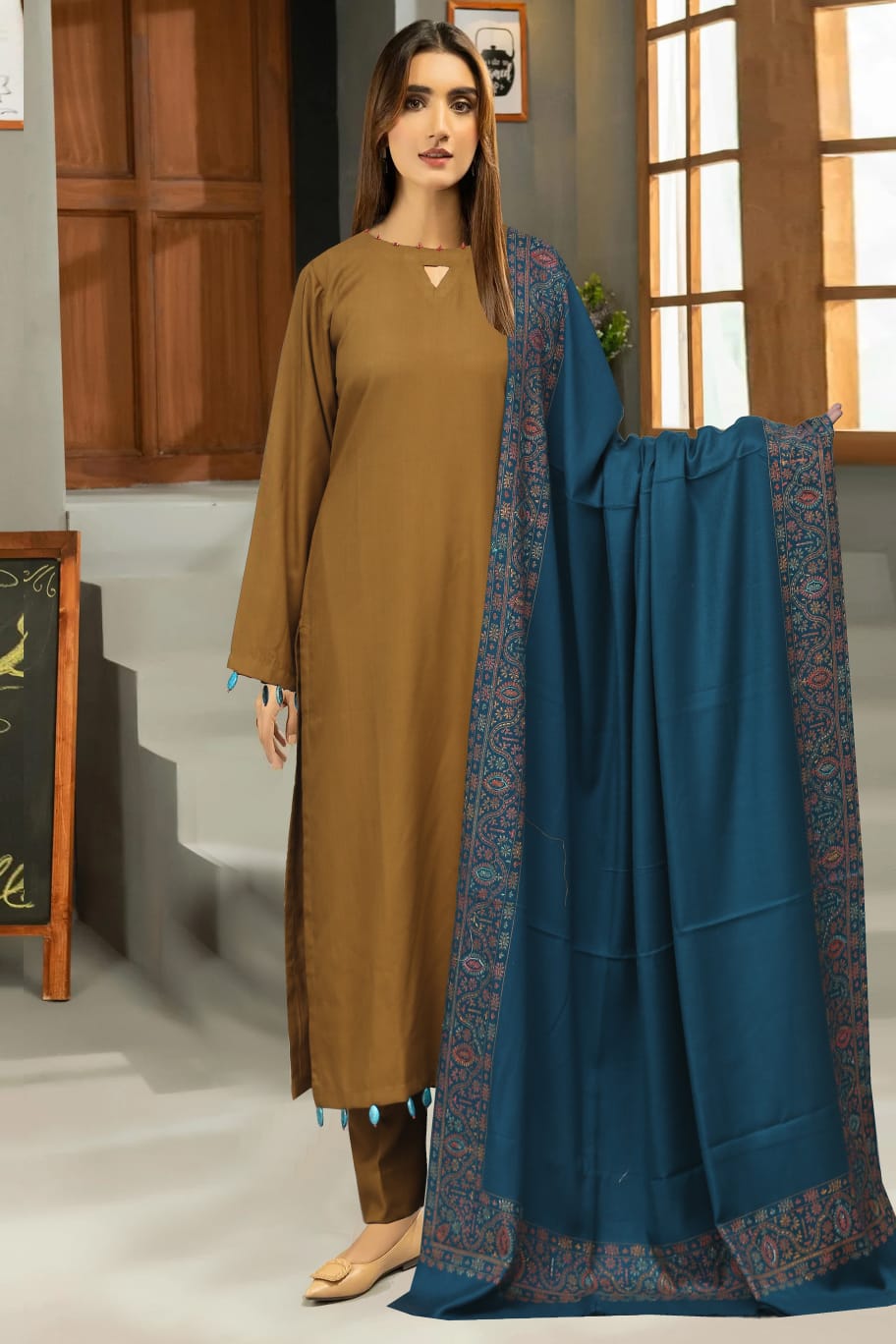 Mustard Dhanak Suit with Embroidered Kashmiri Shawl