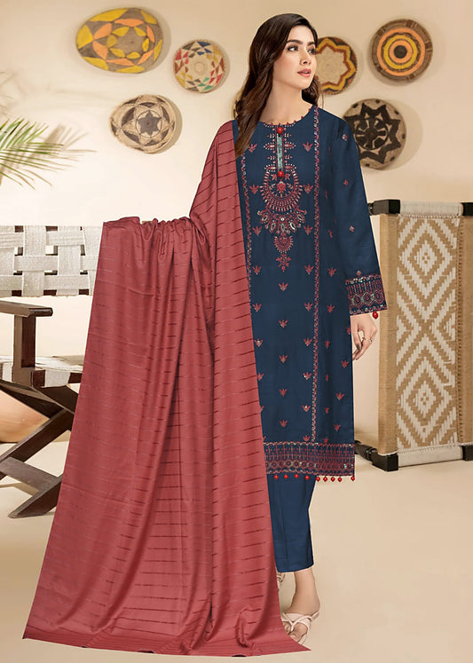 Blue/Red Pure Winter Jacquard Dhanak – Stitched Ensemble