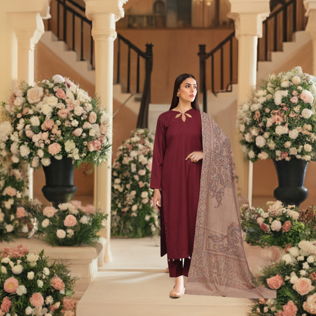 Maroon Dhanak Suit with Embroidered Kashmiri Shawl